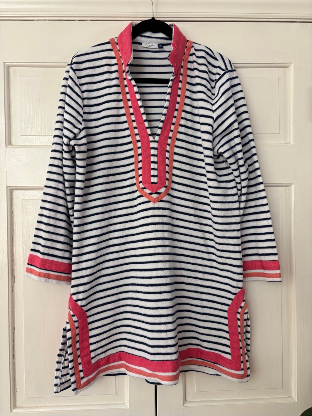Cabana Life Navy & White Striped Terry Cloth Swim Coverup Coral Trim Size XL - Picture 2 of 11